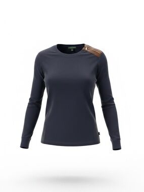 Lauren Jean Co. Women's Navy Long-Sleeve Crew Top with Brown Shoulder Zip Accent